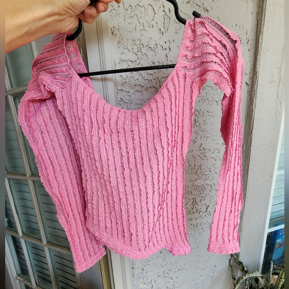 💚 Peppermayo Pink Women's Sheer Ribbed Stretchy Sweater Fun Sexy Top S